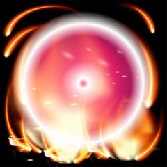 Abstract black background with vector flames and firework sphere