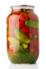 Canned vegetables on white background