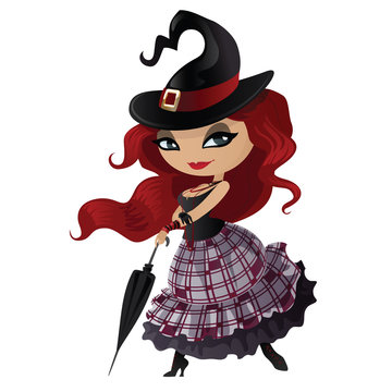 Beauty red-haired witch with umbrella