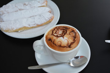 Cup Of  Hot  Cappuccino And Sweet Dessert