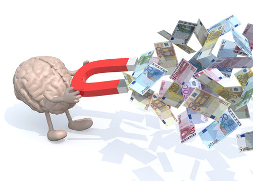 brain with arms, legs and magnet on hands, catch many euro bankn