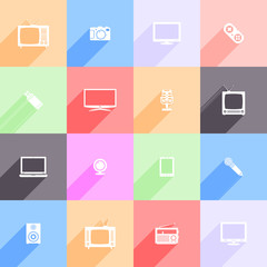 Vector set of multimedia flat icons with long shadow