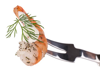 Fresh boiled prawn with a brunch of dill