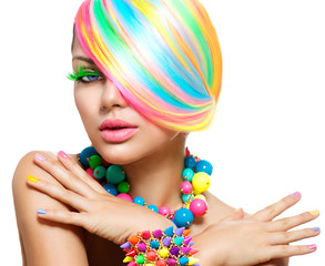 Beauty Girl Portrait with Colorful Makeup, Hair and Accessories