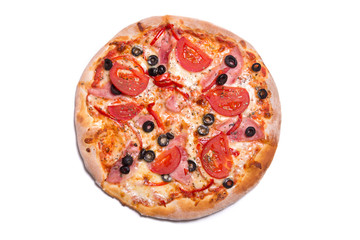 Tasty Italian pizza with ham, tomatoes, and olives