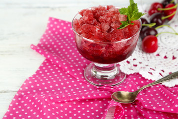 Closeup of cherry granita in glass bowl,