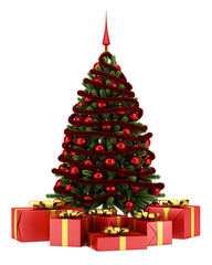 decorated christmas tree with gift boxes isolated on white backg