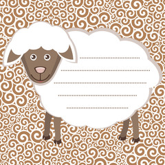 Greeting card with sheep. Beige background with curls of wool.