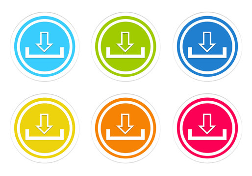 Set of rounded colorful icons with download symbol
