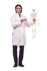 Funny teacher with skeleton isolated on white