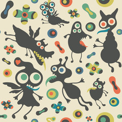Retro seamless pattern with happy monsters.