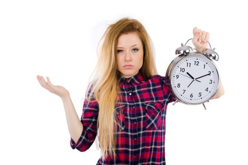 Woman with clock isolated on white