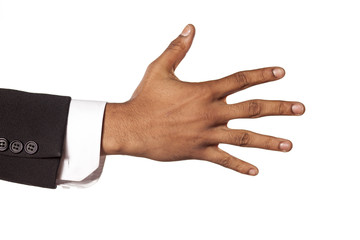 dark skinned hand in suit with fingers spread