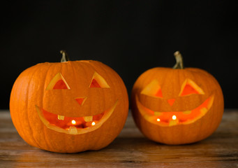 close up of pumpkins on table