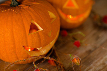 close up of pumpkins on table
