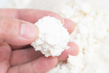 white cottage cheese in hand