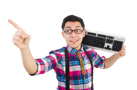 Computer nerd with keyboard isolated on white