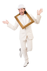 Man in white costume with picture frame