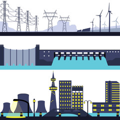 Set of Dam Windmill Solar Nuclear and Electric Power Energy