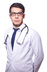 Young male doctor isolated on white