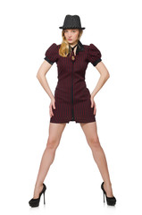 Woman dressed as gangster isolated on white