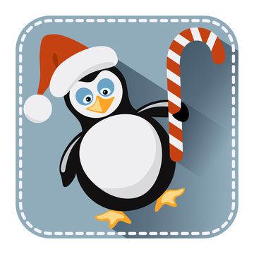 Flat avatar with penguin in Santa Claus hat and bonbon