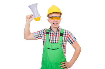 Funny construction worker with loudspeaker on white