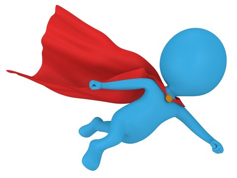 3d brave superhero with red cloak flying