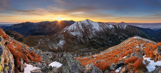 Fototapeta premium Mountain sunset panorama in West Tatras