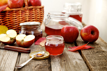 Autumn still life. Freshly cooked apple jam.