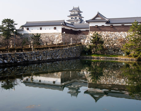 Japanese castle reflected in a moat in Imabari, Shikoku