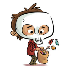 niño disfrazado de calavera con caramelos