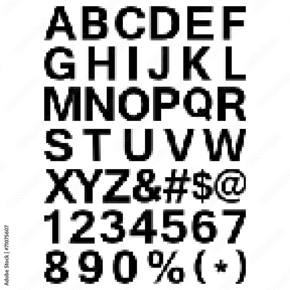 Aufkleber pixel font - alphabets and numerals characters in retro square