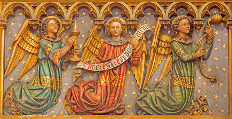 Bruges - The Carved neogothic relief of angels in Salvatorskerk