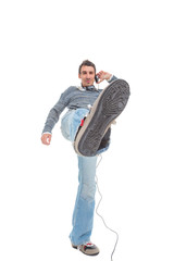 young man listen music in headphones