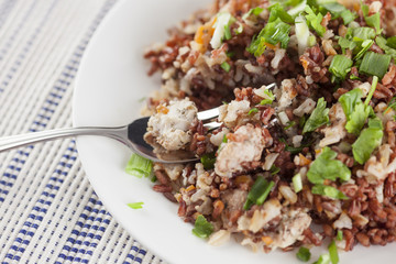Red rice with turkey pieces and parsley