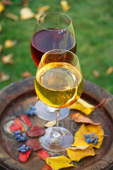 Glasses of wine on old barrel in a garden