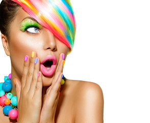 Surprised Woman with Colorful Makeup, Hair and Nail polish