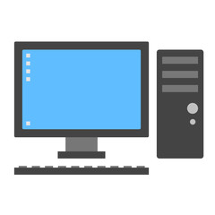 Vector PC icon. Computer with black monitor, case and keyboard