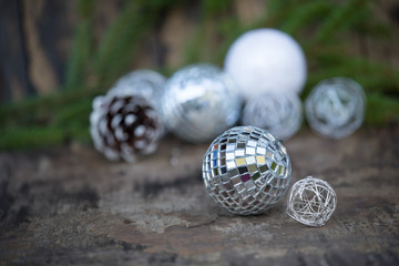 Christmas Mirror balls on wooden background