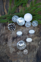 Christmas Mirror balls on wooden background