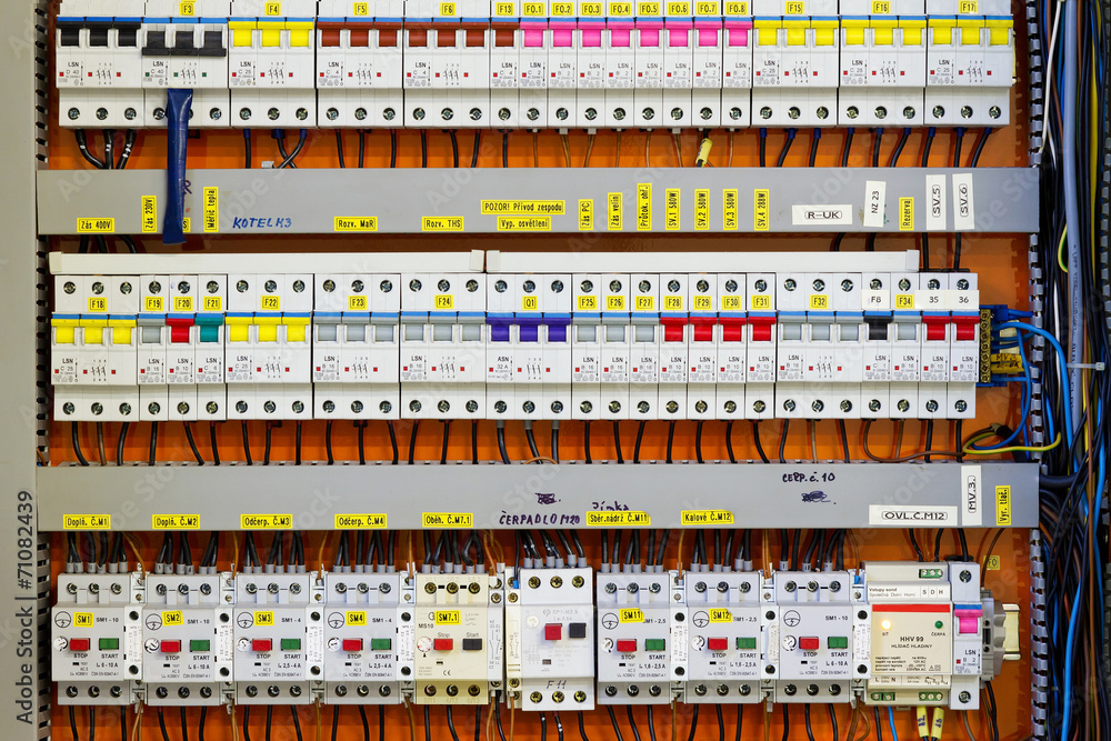 Poster Control panel with static energy meters and circuit-breakers