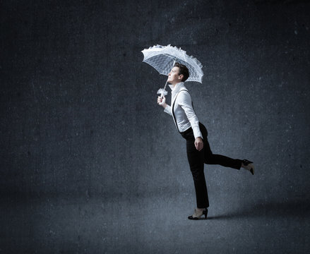 Business Woman Run With White Umbrella