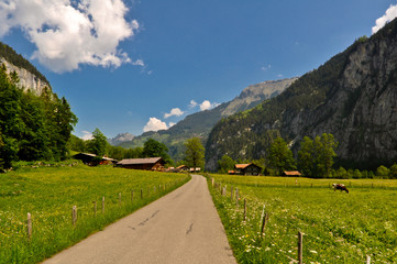 Fototapeta na wymiar Mountain Road in Swiss Alps Valley, Jungfrau Region