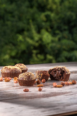 Close-up picture of chocolate cupcake with almonds and hazelnut