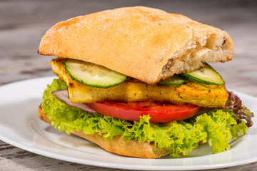 Close-up picture of vegetarian sandwich with tofu, tomatoes, sal