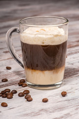 Close-up picture of tasty milk coffee dessert standing on the wo