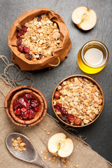 Granola, dried berries, nuts and honey. Fitness breakfast