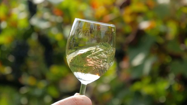 hand shaking a glass half-filled with white wine slow motion