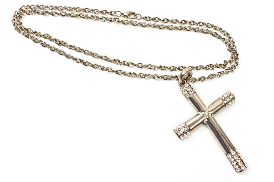 Silver Christian Cross Necklace Isolated On White